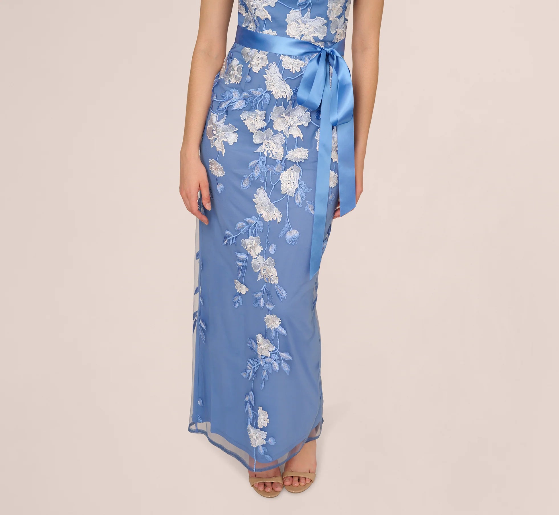 Short Sleeve Floral Embroidered Gown With Ribbon Tie Waist In French Blue Multi