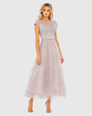Embellished High Neck Cap Sleeve A Line Dress