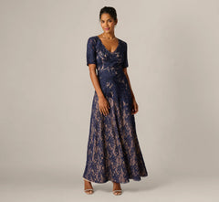 Short Sleeve Lace Soutache Embroidery Gown In Navy Nude