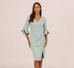 Three Quarter Sleeve Faux Wrap Midi Dress In Aqua Dust