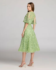 Green Flutter Sleeve Embroidered Midi Dress