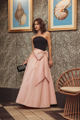 Black Pink Strapless Gown With Oversized Bow