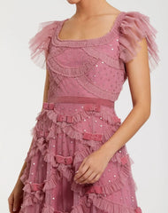 Pink Flutter Sleeve Sequin A Line Midi Dress
