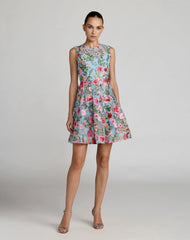 Blue Floral Embroidered Sleeveless A-Line Mini Dress