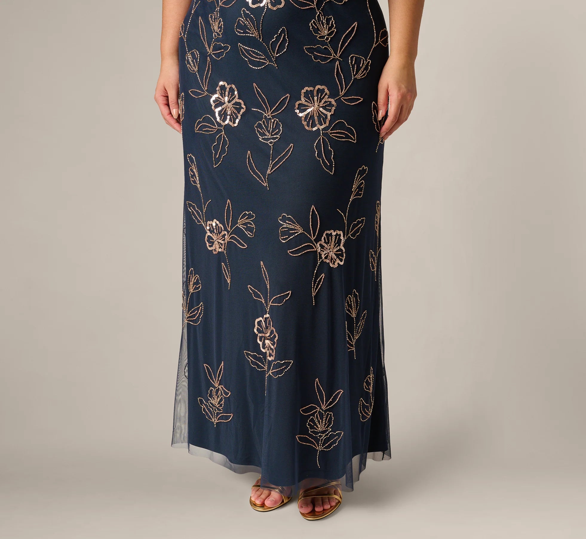 Plus Size Flutter Sleeve Floral Beaded Blouson Gown In Navy Rosegold