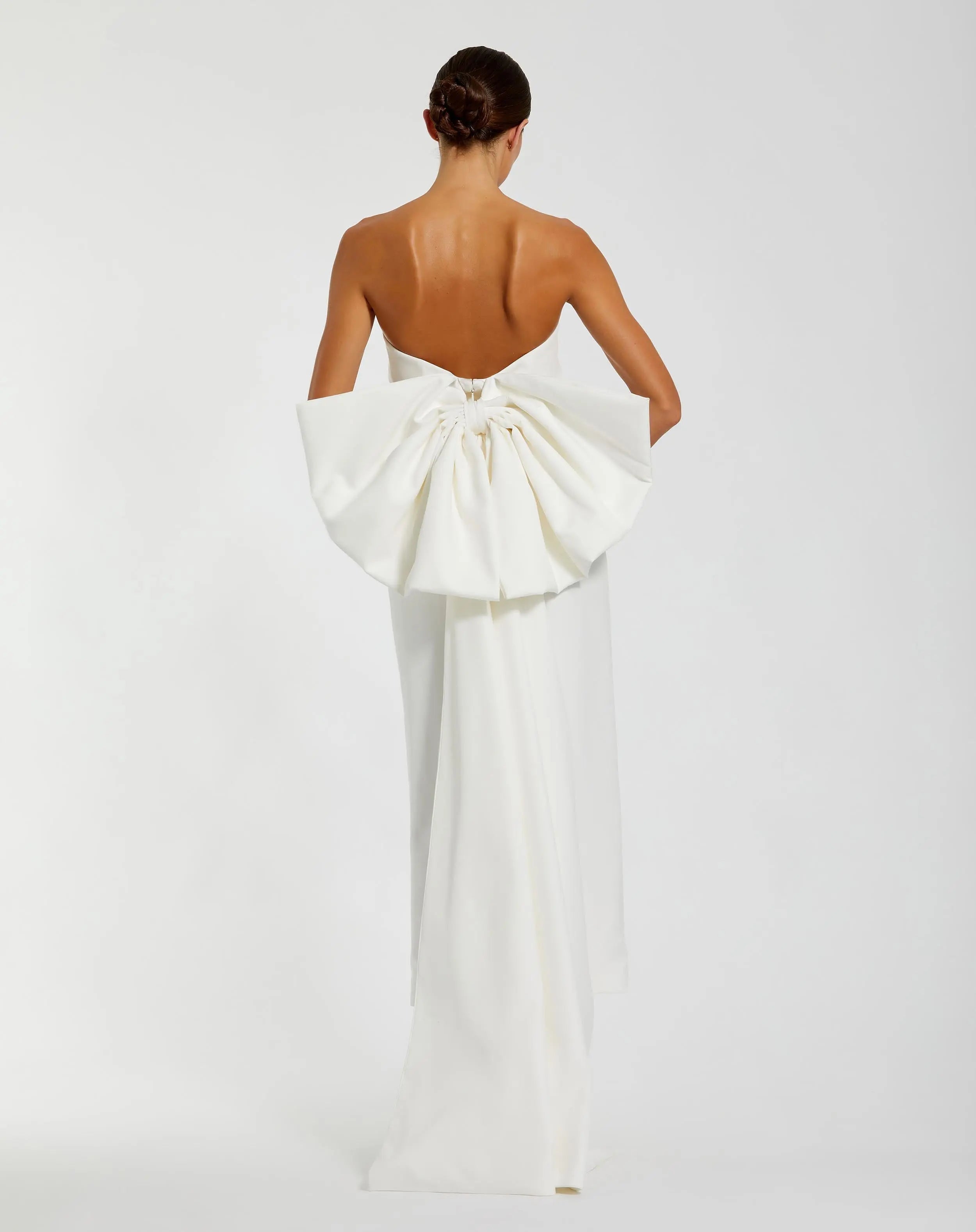 White Strapless Crepe Sheath Dress with Bow