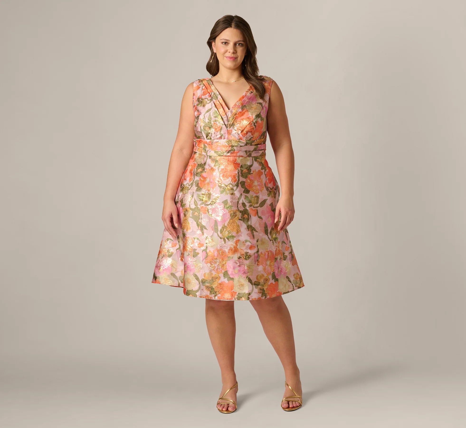 Plus Size Metallic Floral Jacquard Midi Dress In Yellow Orange Multi