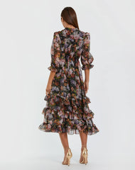Black Floral Chiffon Ruffle Midi Dress with 3/4 Sleeves