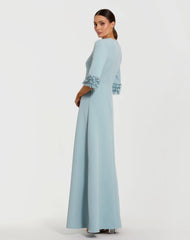 Blue A-Line Crepe Gown With Embellished 3/4 Sleeves