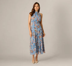 Floral Meta Chiffon Tiered Halter Midi Dress In Blue Multi