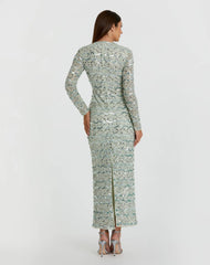 Green High Neck Long Sleeve Embellished Dress