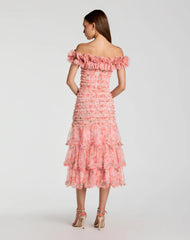 Pink Floral Off The Shoulder Ruffle Midi Dress