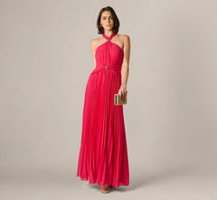 Pleated Chiffon Hardware Halter Gown In Pink Cherry