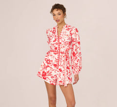 Long Sleeve Tie Front Floral Romper In White Coral Multi