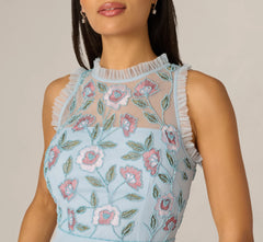 Sleeveless Floral Beaded Embroidery Ruffle Midi Dress In Elegant Sky Multi