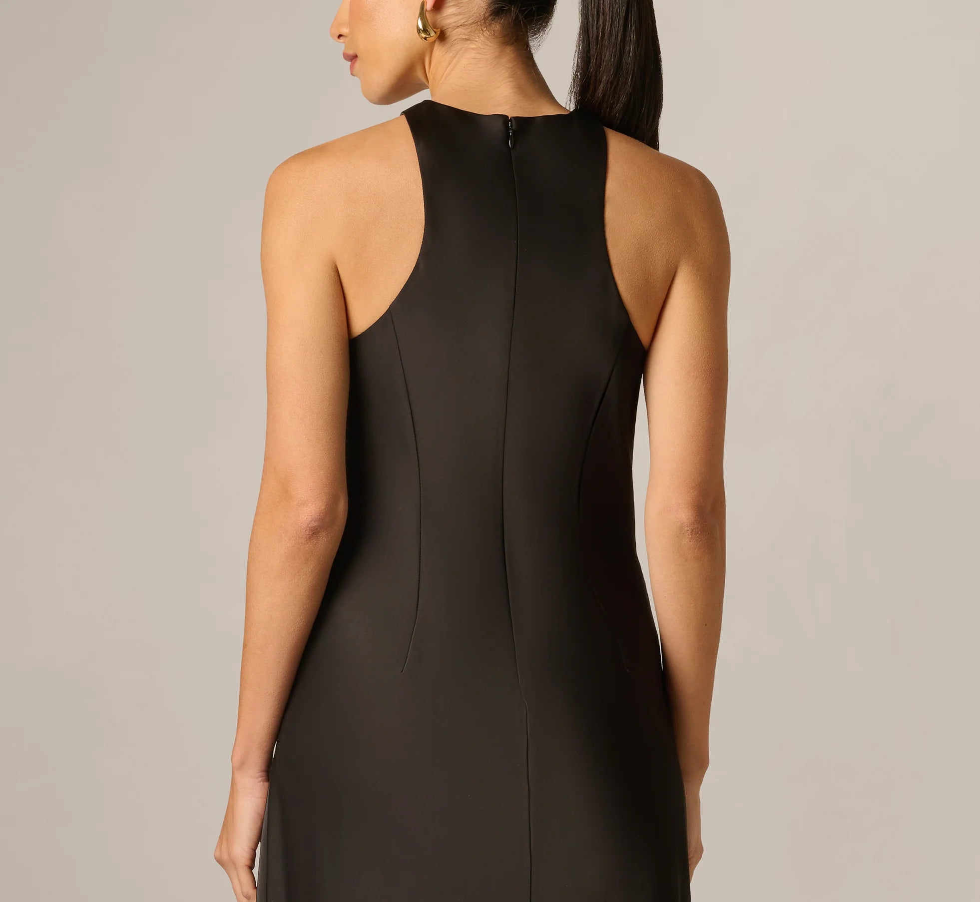 Stretch Satin Hardware Halter Collar Gown In Black