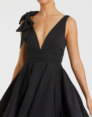 Black Crepe Sleeveless V-Neck Mini Dress With Bow