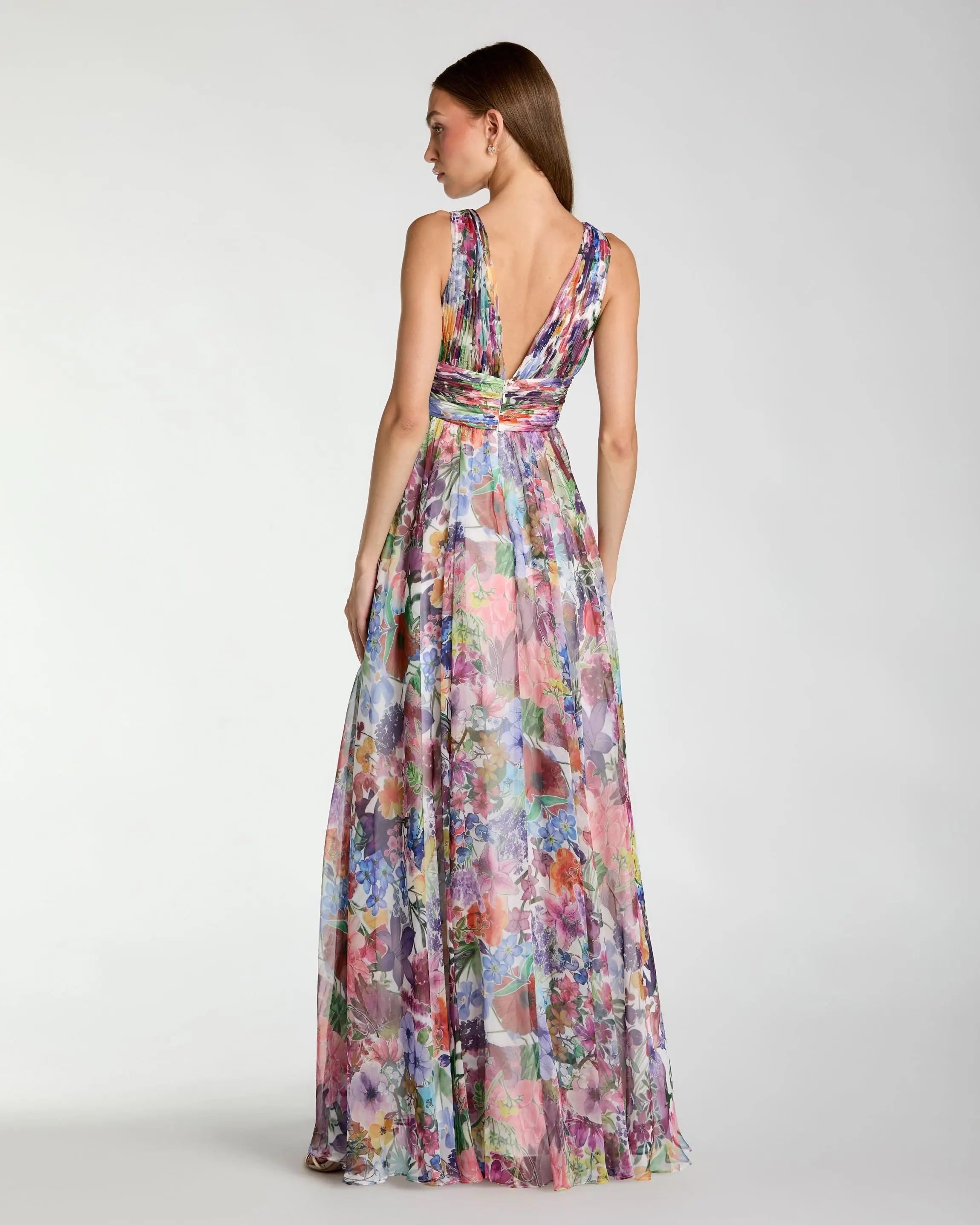 Multicolor Floral Chiffon Gown with Ruffle Slit