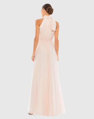 Petite Pink A Line Gown with High Neckline