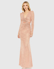 Sequined Wrap Over Long Sleeve Gown