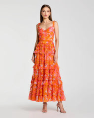 Orange Sleeveless Floral Ruffle A-Line Maxi Dress
