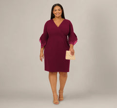 Plus Size Three Quarter Bell Sleeve Sheath Midi Dress In Cabernet