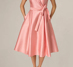 Mikado Lapel Belted Midi Dress In Apricot Ice