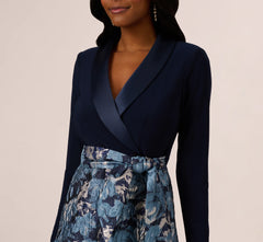 Long Sleeve Tuxedo Jacquard Combo Gown In Midnight Multi