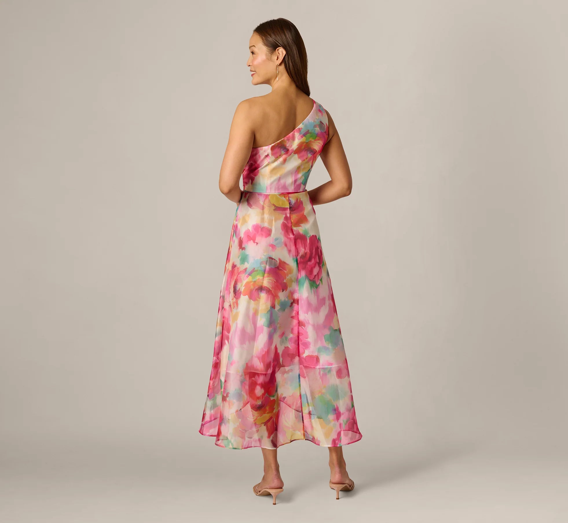 Petite One Shoulder Watercolor Organza High Low Midi Dress In Ivory Multi