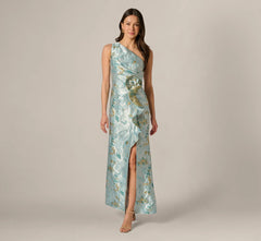 Petite One Shoulder Floral Jacquard Rosette Gown In Blue Multi
