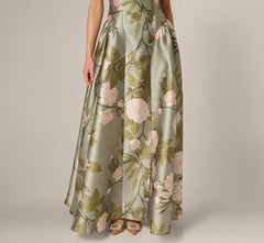 Drop Waist Square Neck Floral Ballgown In Sage Multi