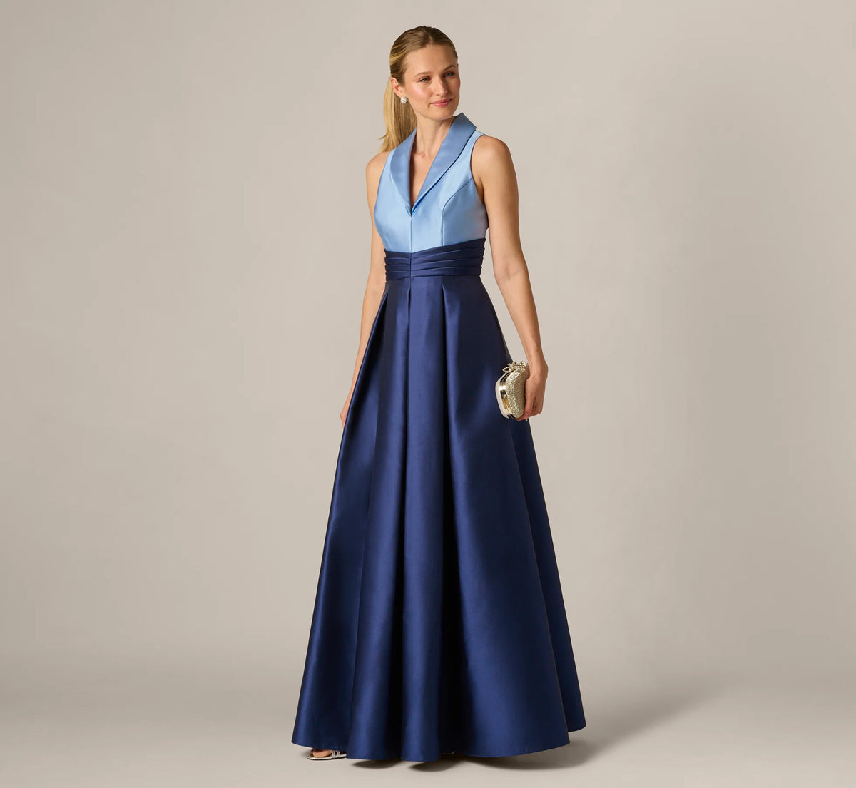 Sleeveless Color Block Tuxedo Ballgown In Icy Topaz Navy