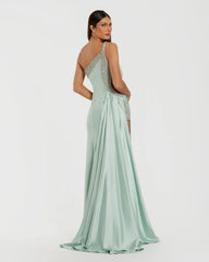 Green One Shoulder Embellished Cut Out Slit Gown