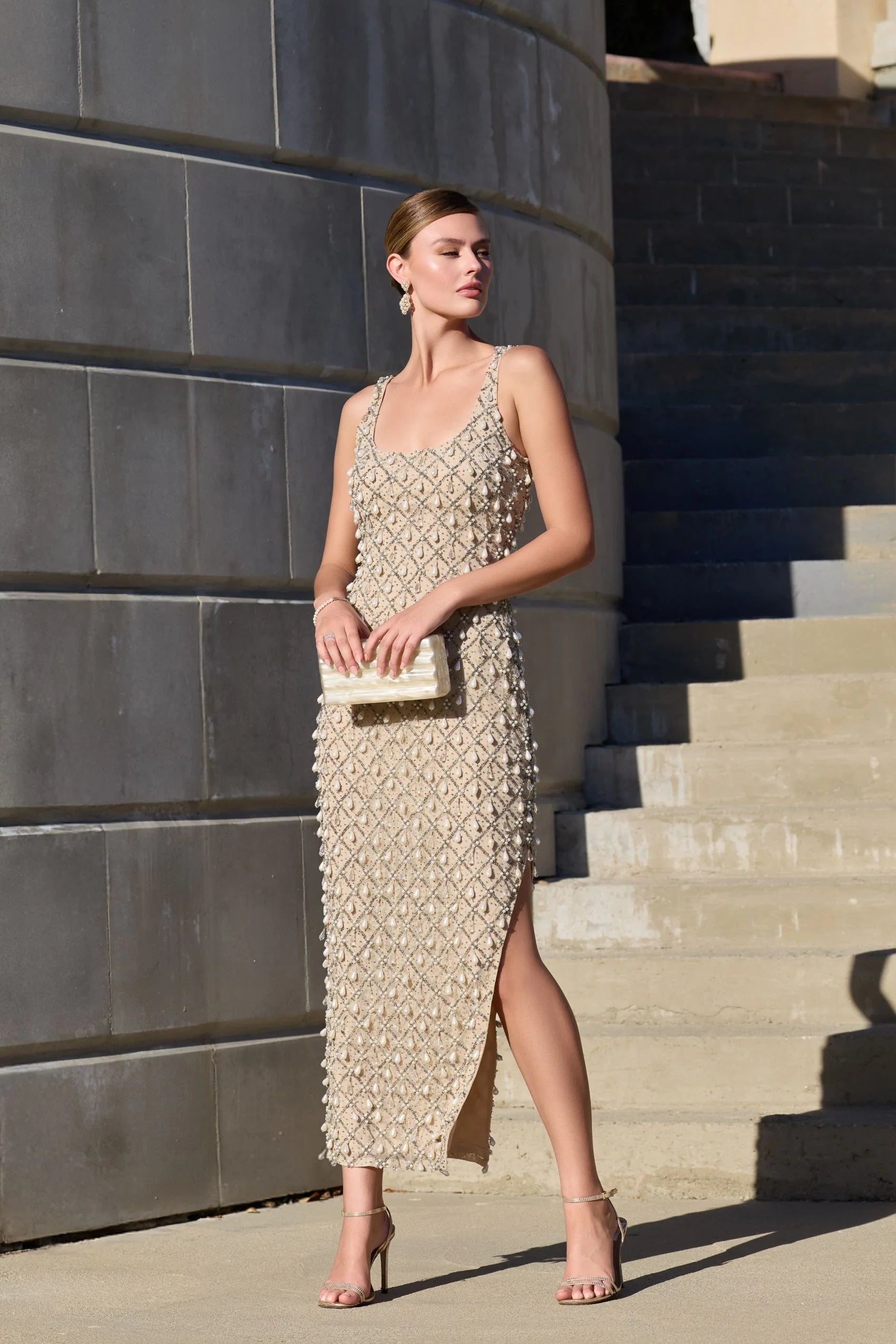 Beige Beaded Scoop Neck Midi Dress