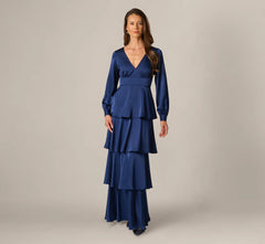 Long Sleeve Satin Tiered Gown In Navy Sateen