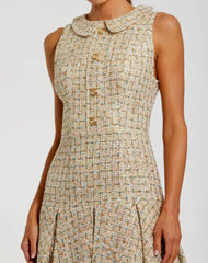 Gold Sleeveless Boucle Mini Dress with Pleats