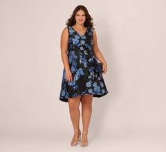 Plus Size Floral Jacquard Short Fit And Flare Dress In Blue Black Multi