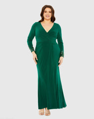 Green Long Crystal Detail Sleeve V Neck Gown - FINAL SALE