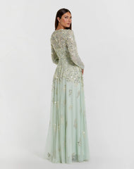 Green Long Sleeve Sequin Pearl Embellished Gown