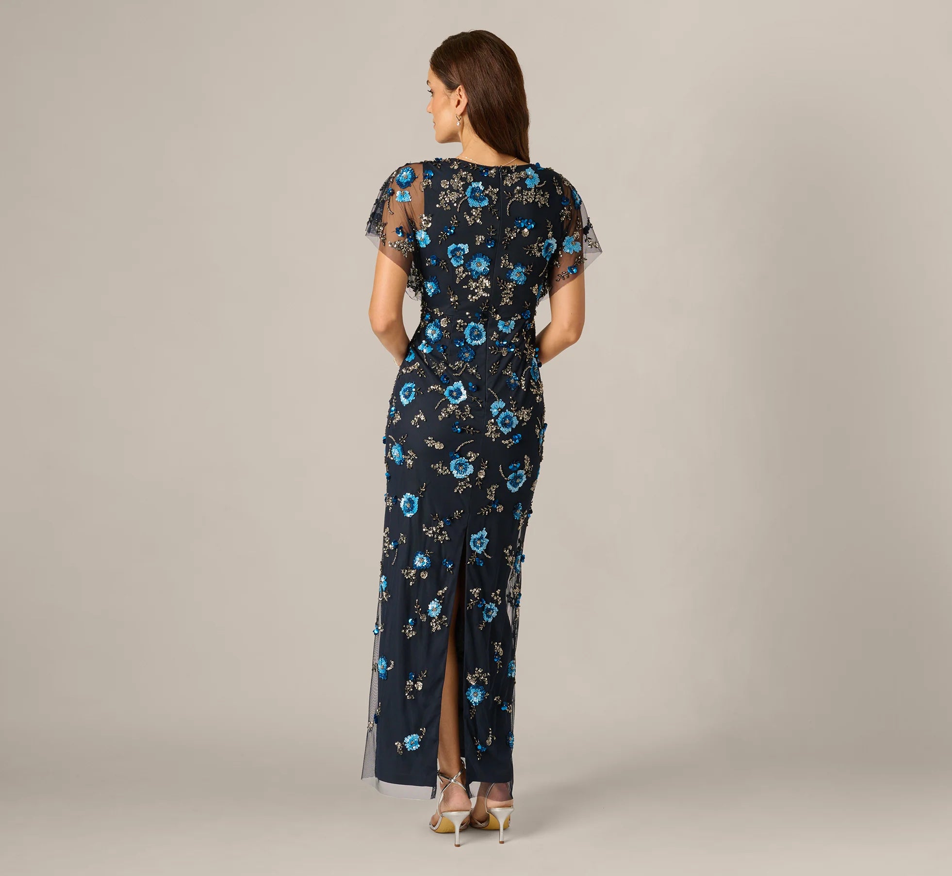 Flutter Sleeve Floral Beaded Column Gown In Midnight Multi
