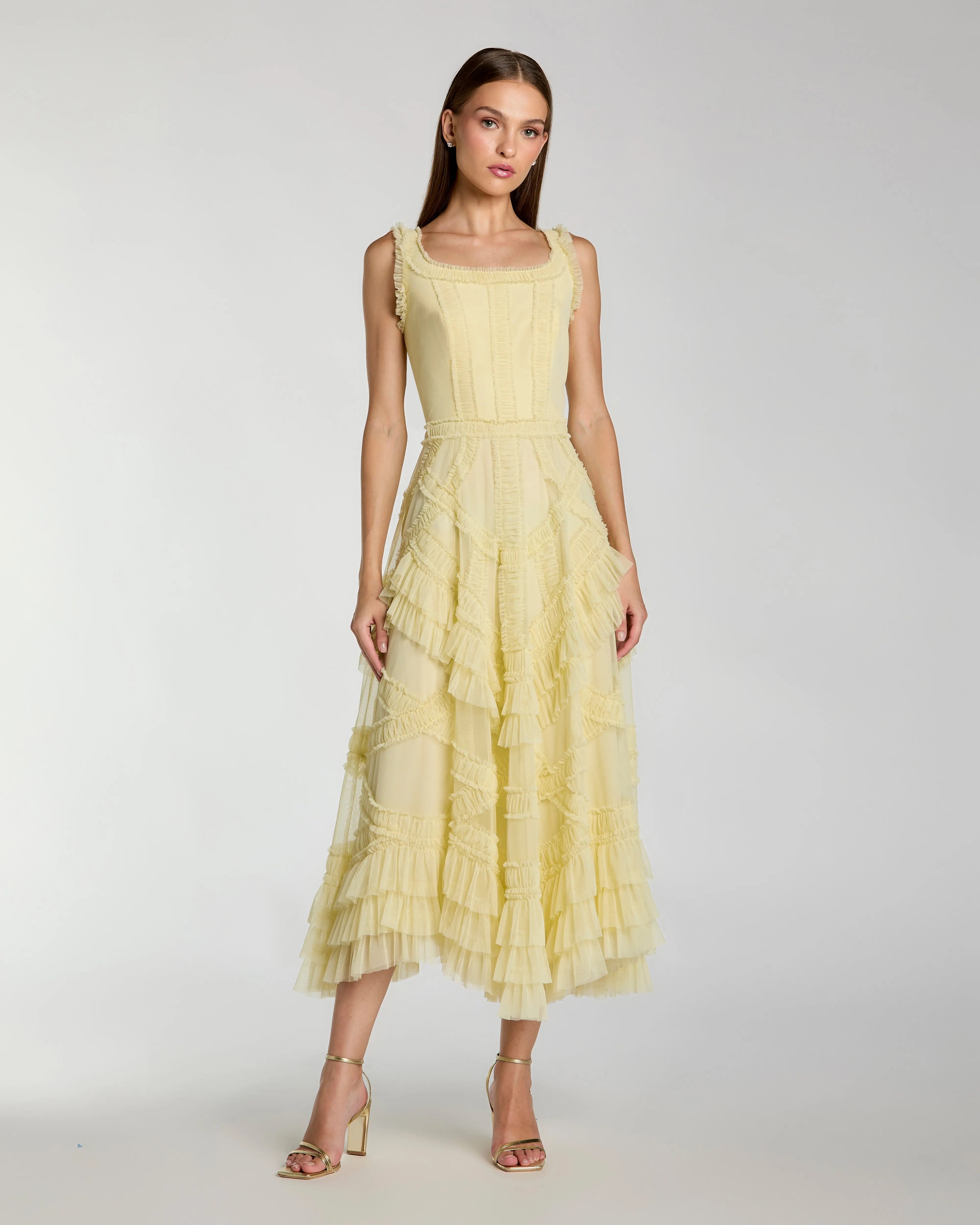 Scoop Neck Sleeveless A-Line Ruffle Midi Dress