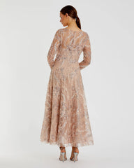 Beige Embroidered Long Sleeve V-Neck Midi Dress