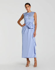 Blue Satin Beaded Embroidered Midi Dress With Bow