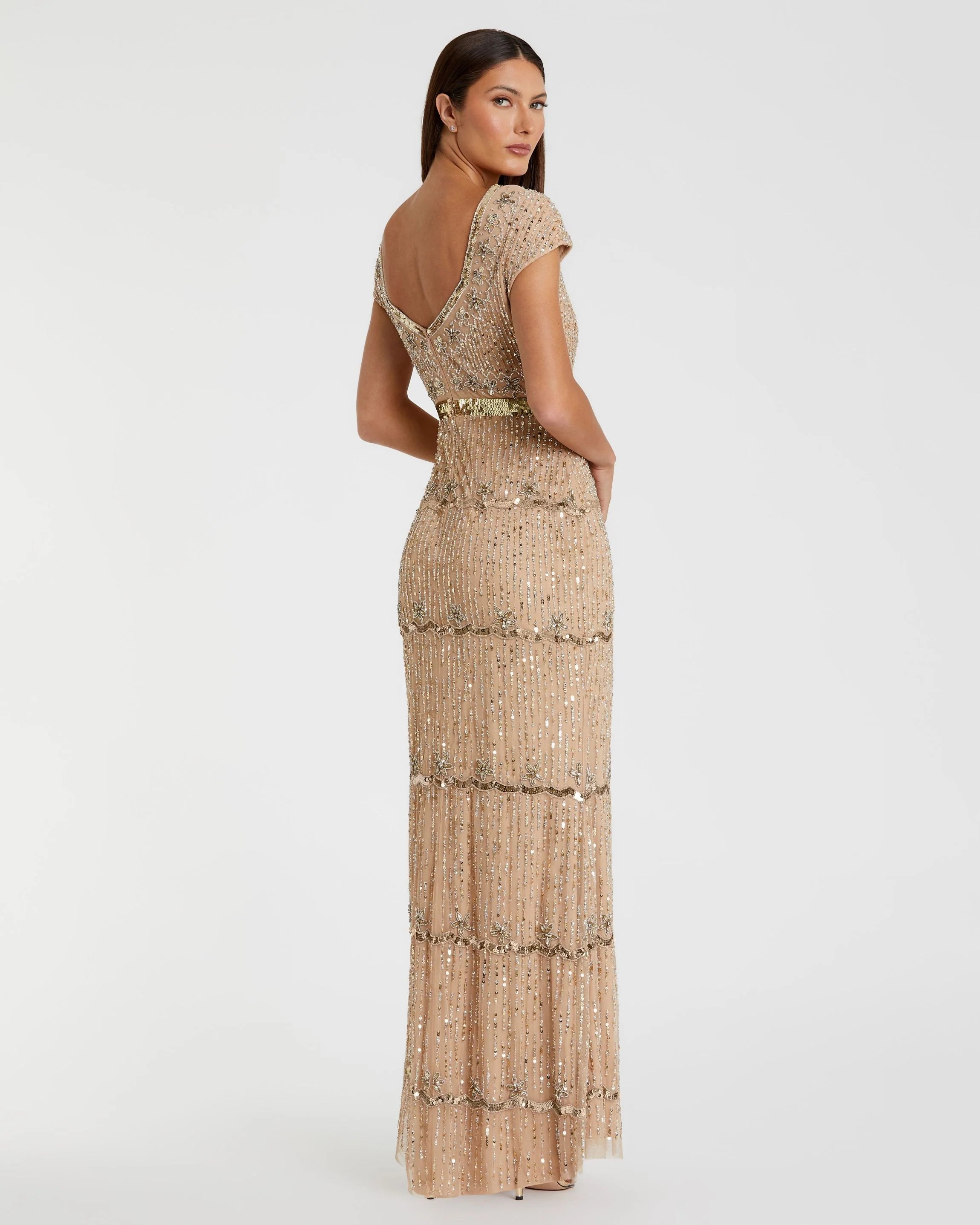 Petite Gold Sequin Cap Sleeve Sweetheart Column Gown