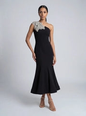 Crepe One Shoulder Midi Dress with Flower