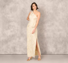 One Shoulder Metallic Stretch Jacquard Column Gown In Light Gold