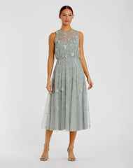 Green Floral Embellished Sleeveless Midi Dress