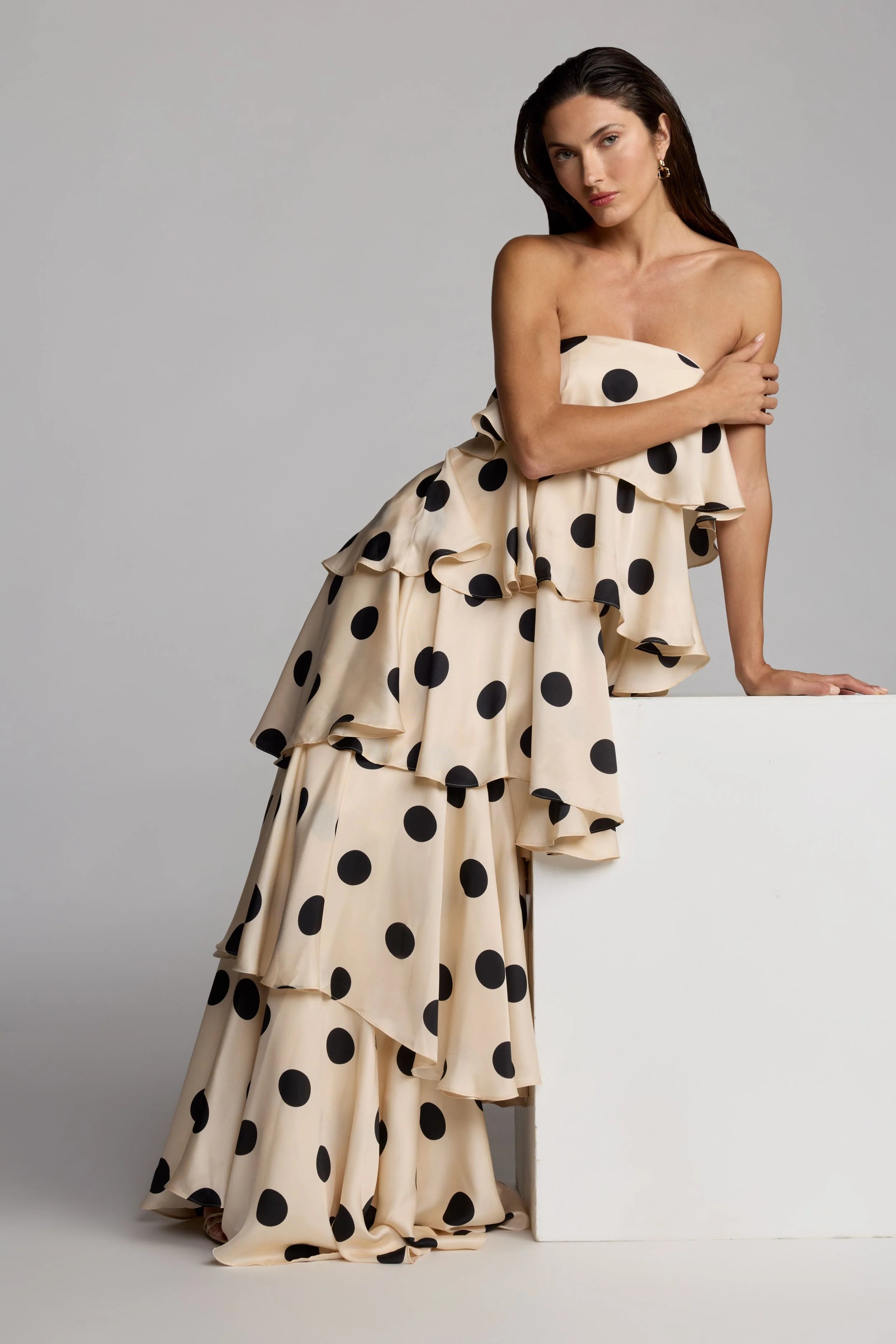 Beige Strapless Polka Dot Charmeuse Ruffle Gown