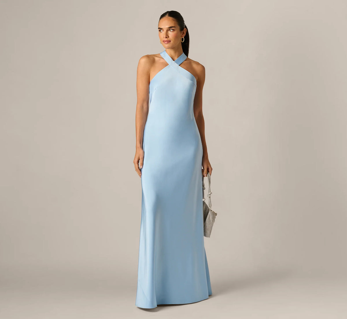 Bias Cut Stretch Satin Scarf Halter Gown In Azure Blue