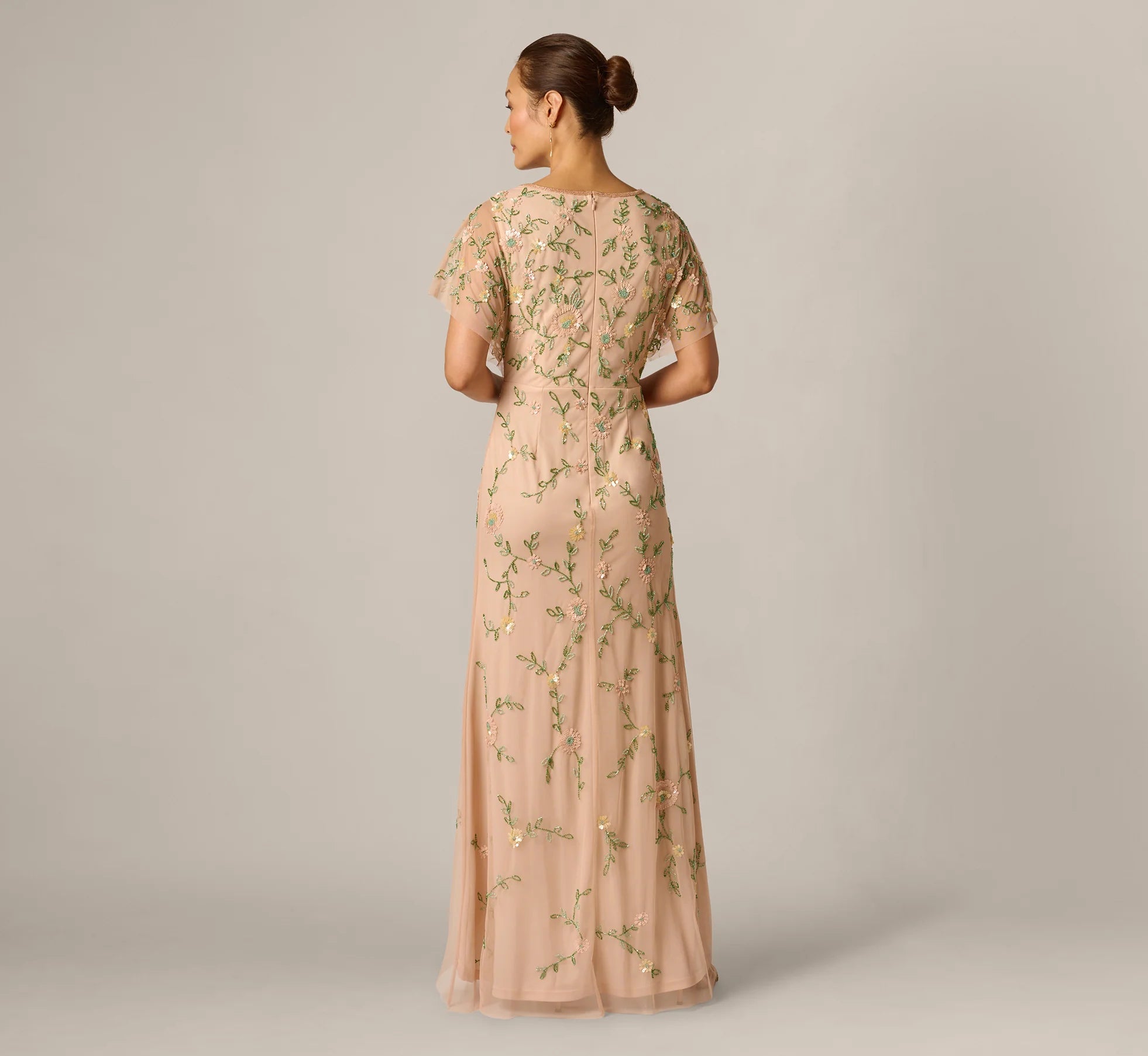 Flutter Sleeve Beaded Wrap Dress In Blush Multi